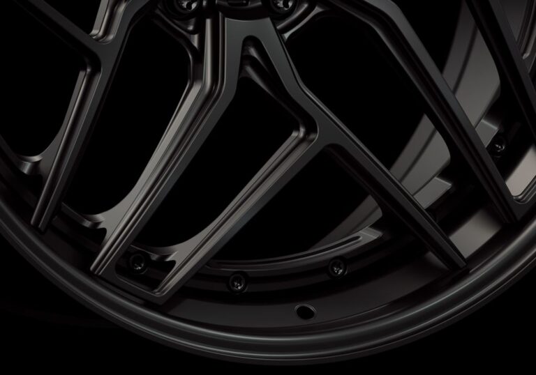 Three-quarter view of a black G58 3-piece flaoting spoke wheel from Govad Forged Track series