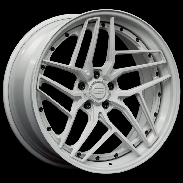 Three-quarter view of a white G58 3-piece flaoting spoke wheel from Govad Forged Track series