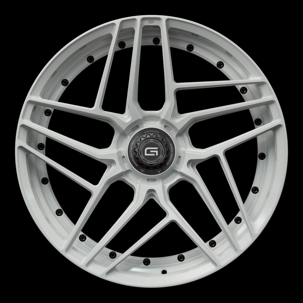 Front view of a white G58 duoblock centerlock wheel from Govad Forged Track series