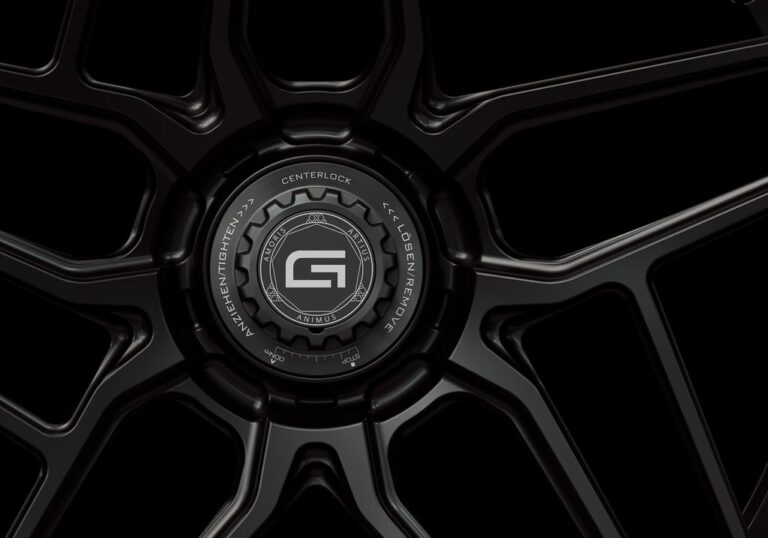 Three-quarter view of a black G58 duoblock centerlock wheel from Govad Forged Track series