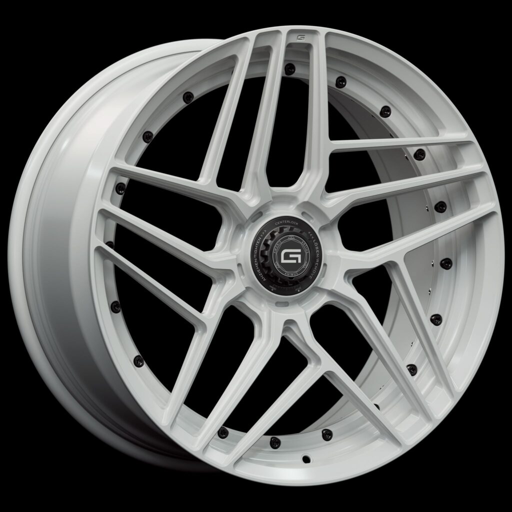 Three-quarter view of a white G58 duoblock centerlock wheel from Govad Forged Track series