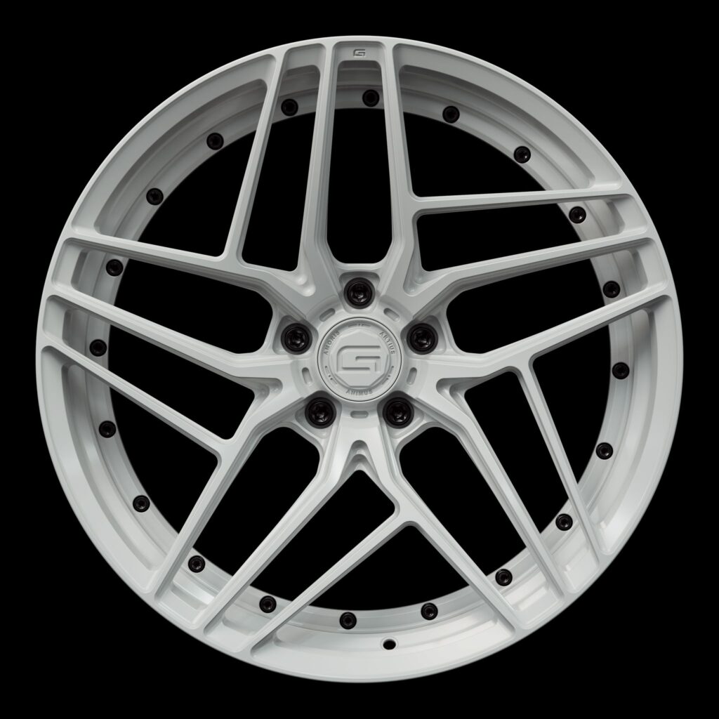 Front view of a white G58 duoblock wheel from Govad Forged Track series