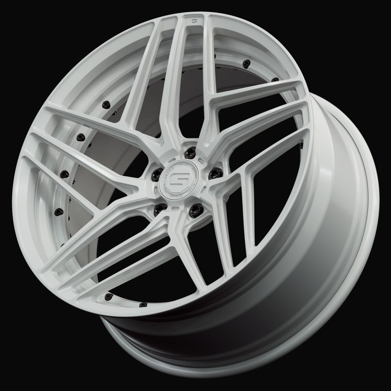 Three-quarter view of a white G58 duoblock wheel from Govad Forged Track series