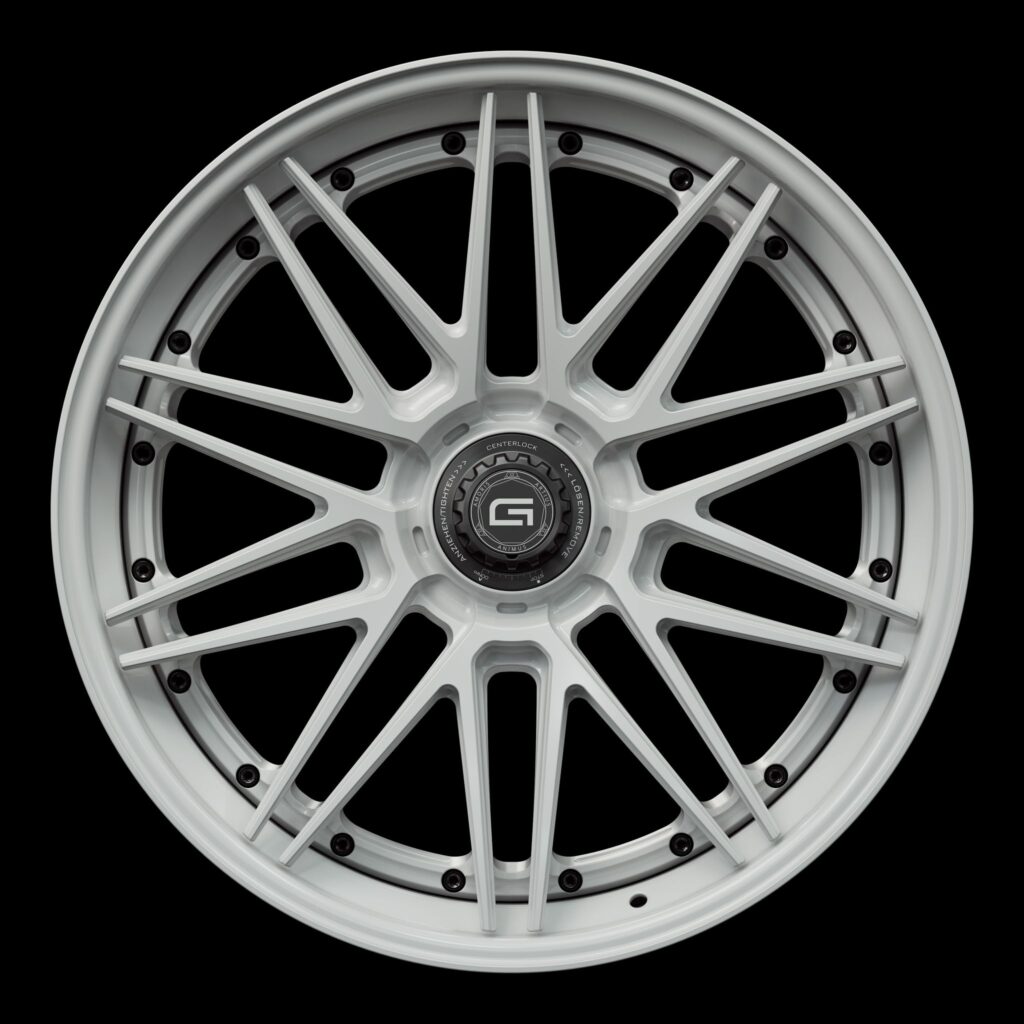Front view of a white G59 3-piece flaoting spoke centerlock wheel from Govad Forged Track series