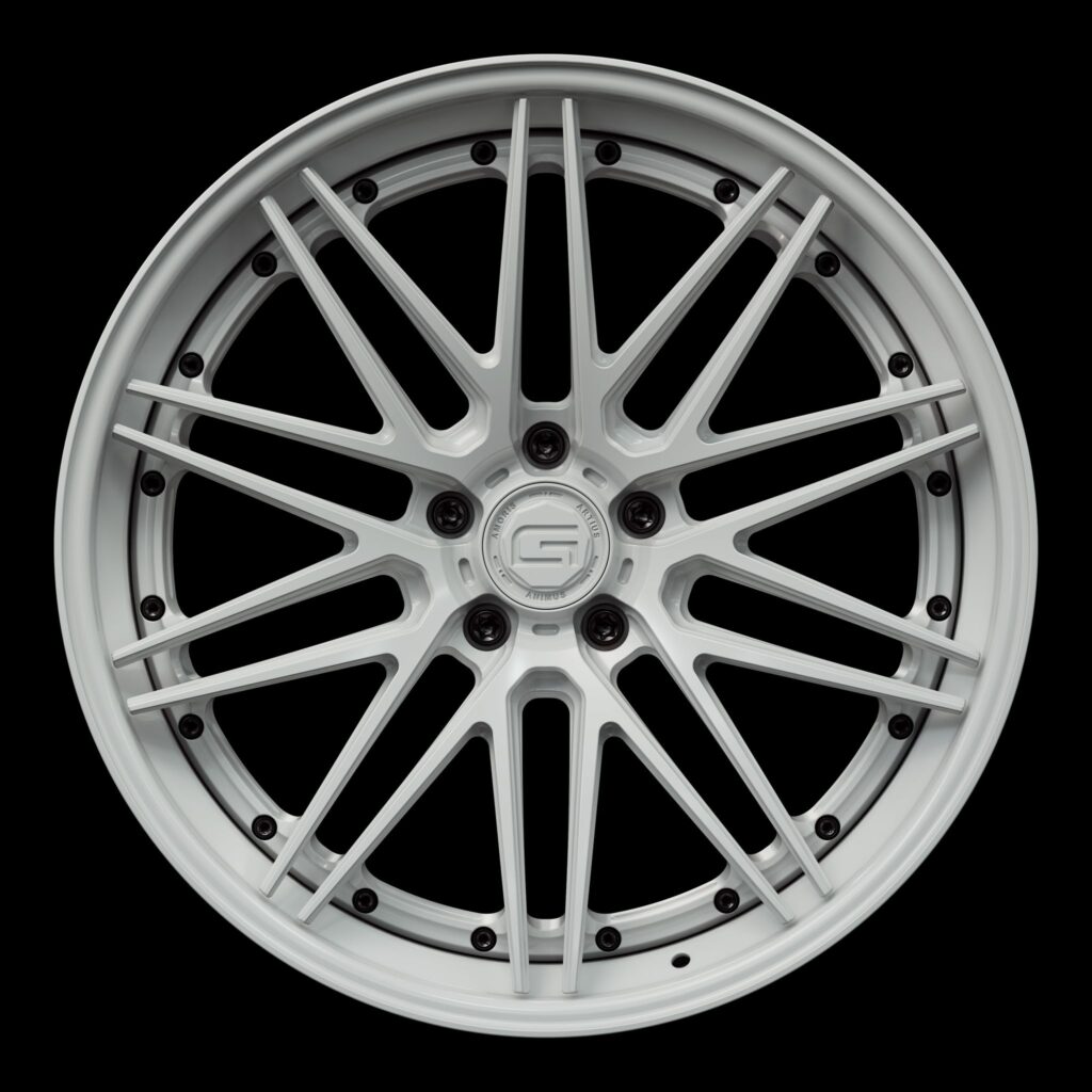 Front view of a white G59 3-piece flaoting spoke wheel from Govad Forged Track series