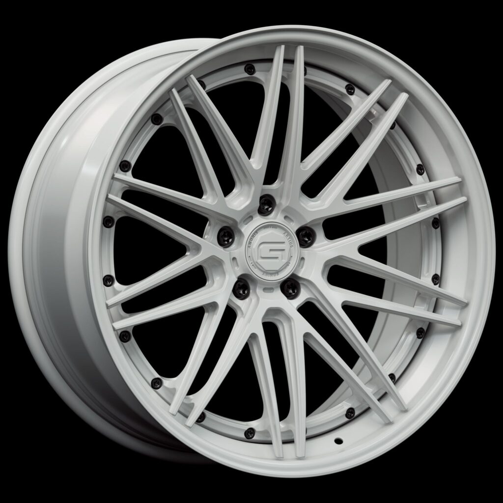 Three-quarter view of a white G59 3-piece flaoting spoke wheel from Govad Forged Track series