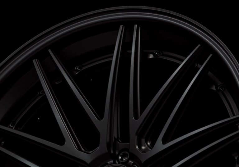 Three-quarter view of a black G59 3-piece flaoting spoke wheel from Govad Forged Track series