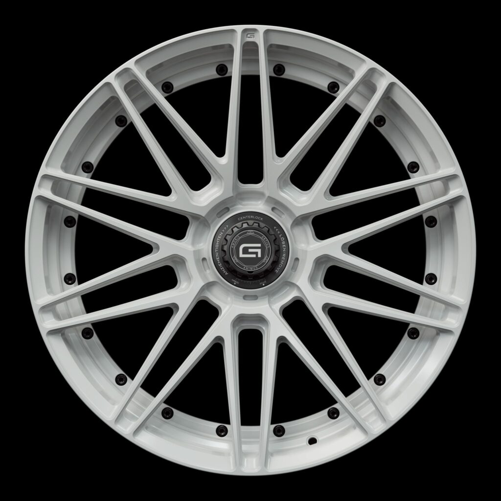 Front view of a white G59 duoblock centerlock wheel from Govad Forged Track series