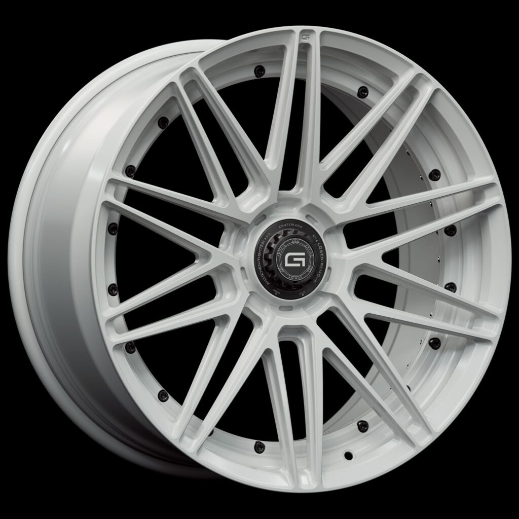 Three-quarter view of a white G59 duoblock centerlock wheel from Govad Forged Track series