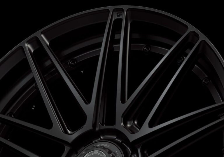 Three-quarter view of a black G59 duoblock centerlock wheel from Govad Forged Track series