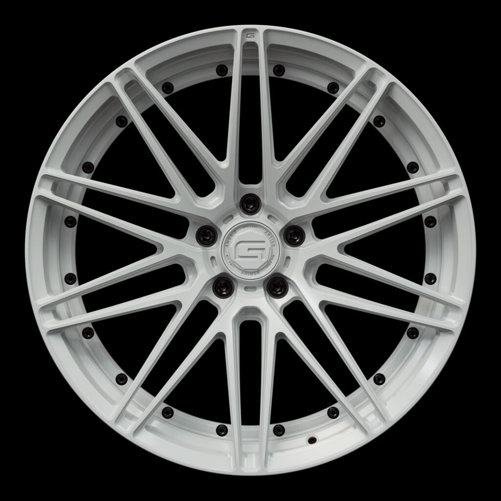 Front view of a white G59 duoblock wheel from Govad Forged Track series