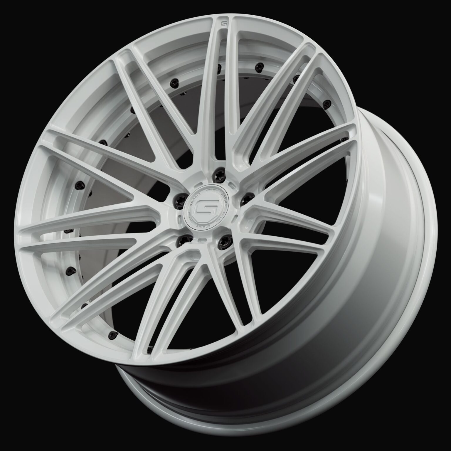 Three-quarter view of a white G59 duoblock wheel from Govad Forged Track series
