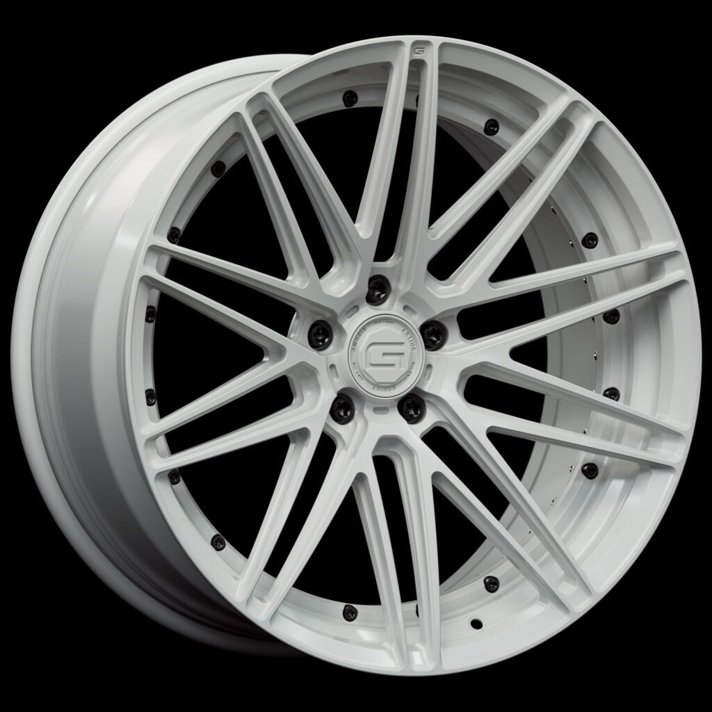Three-quarter view of a white G59 duoblock wheel from Govad Forged Track series
