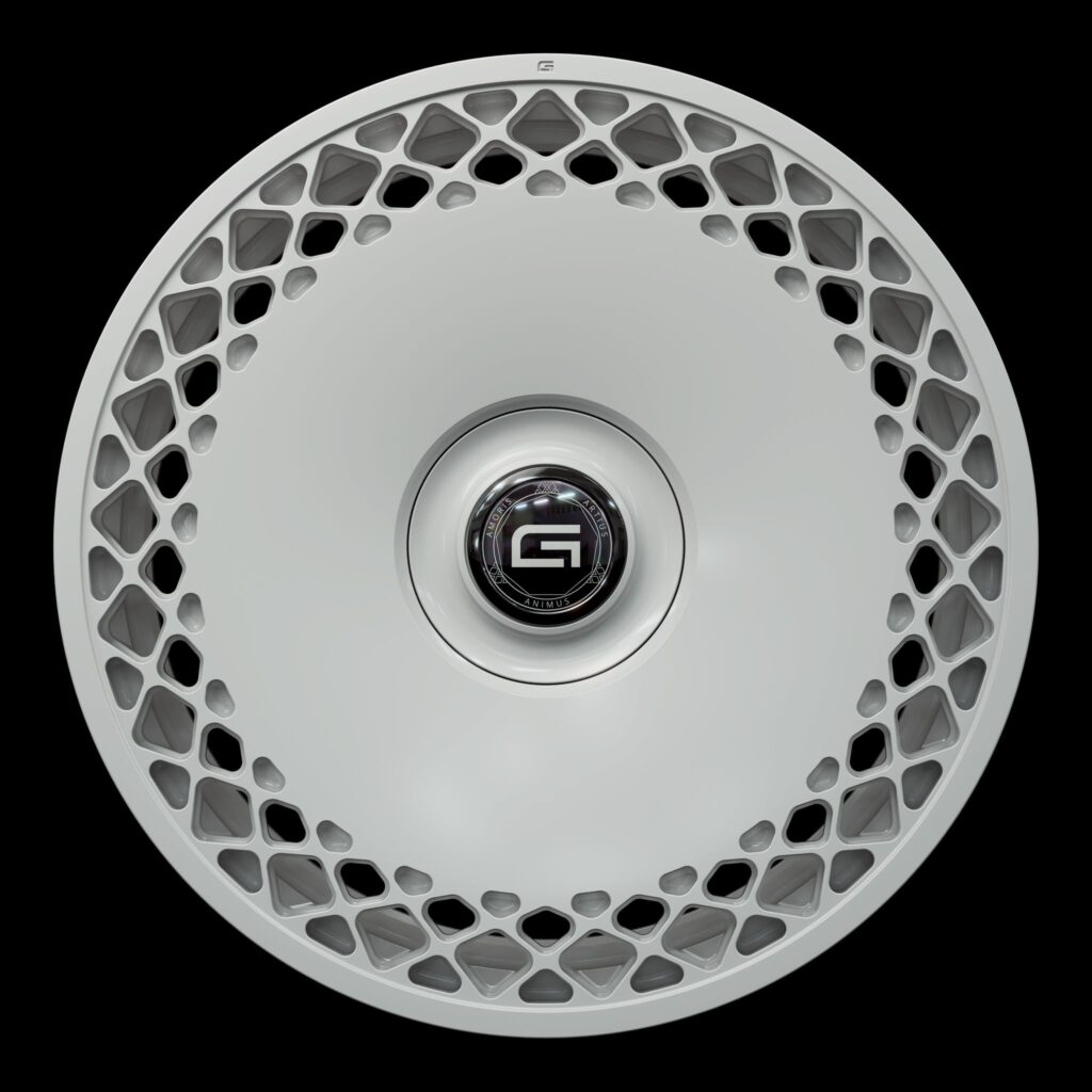 Front view of a white G600 duoblock wheel from Govad Forged Luxury series