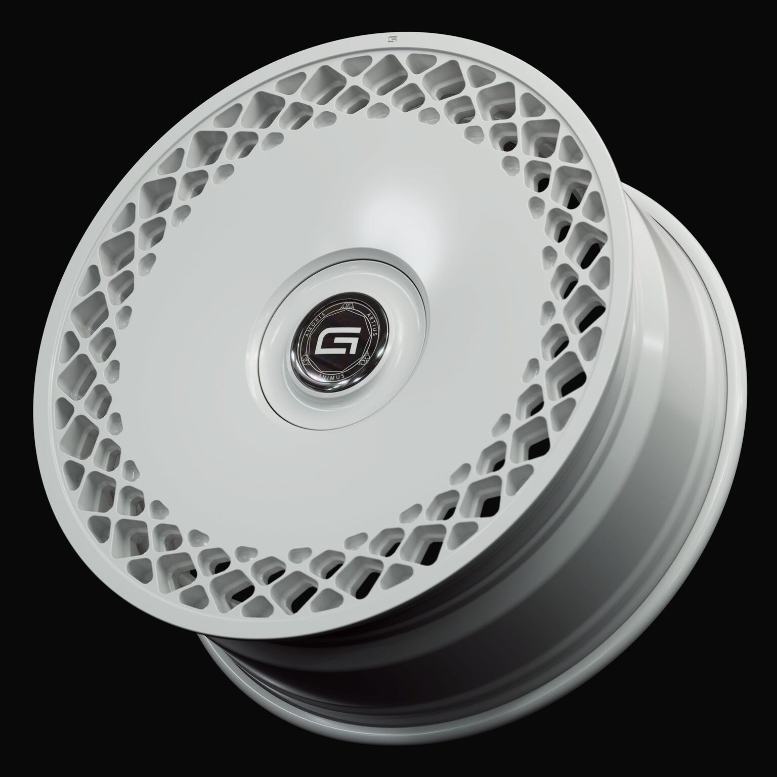 Three-quarter view of a white G600 duoblock wheel from Govad Forged Luxury series