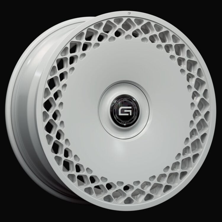 Three-quarter view of a white G600 duoblock wheel from Govad Forged Luxury series