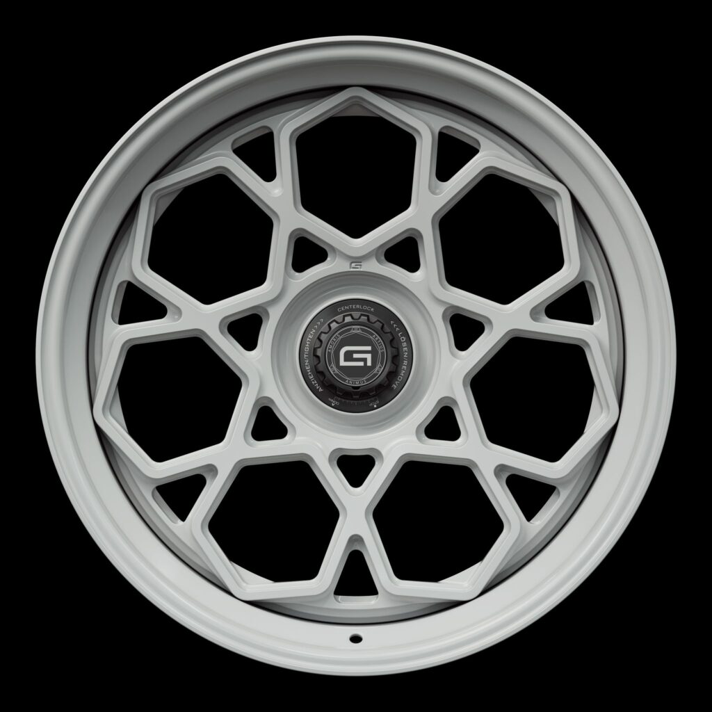 Front view of a white G67 3-piece centerlock wheel from Govad Forged Evolution series