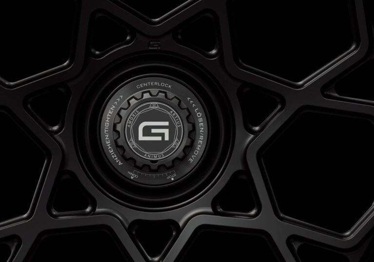 Three-quarter view of a black G67 3-piece centerlock wheel from Govad Forged Evolution series