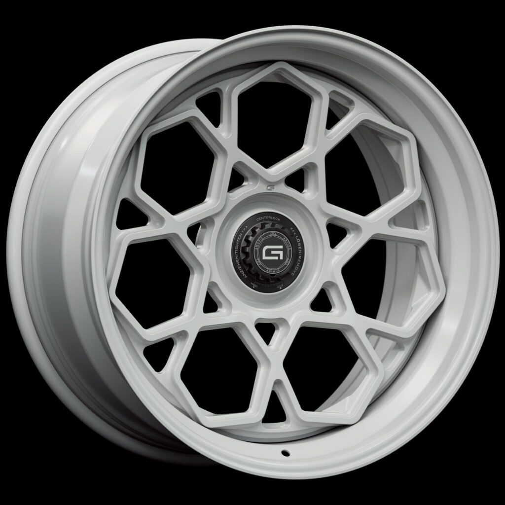 Three-quarter view of a white G67 3-piece centerlock wheel from Govad Forged Evolution series