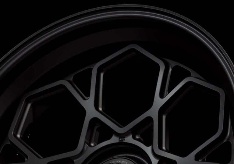 Three-quarter view of a black G67 3-piece centerlock wheel from Govad Forged Evolution series