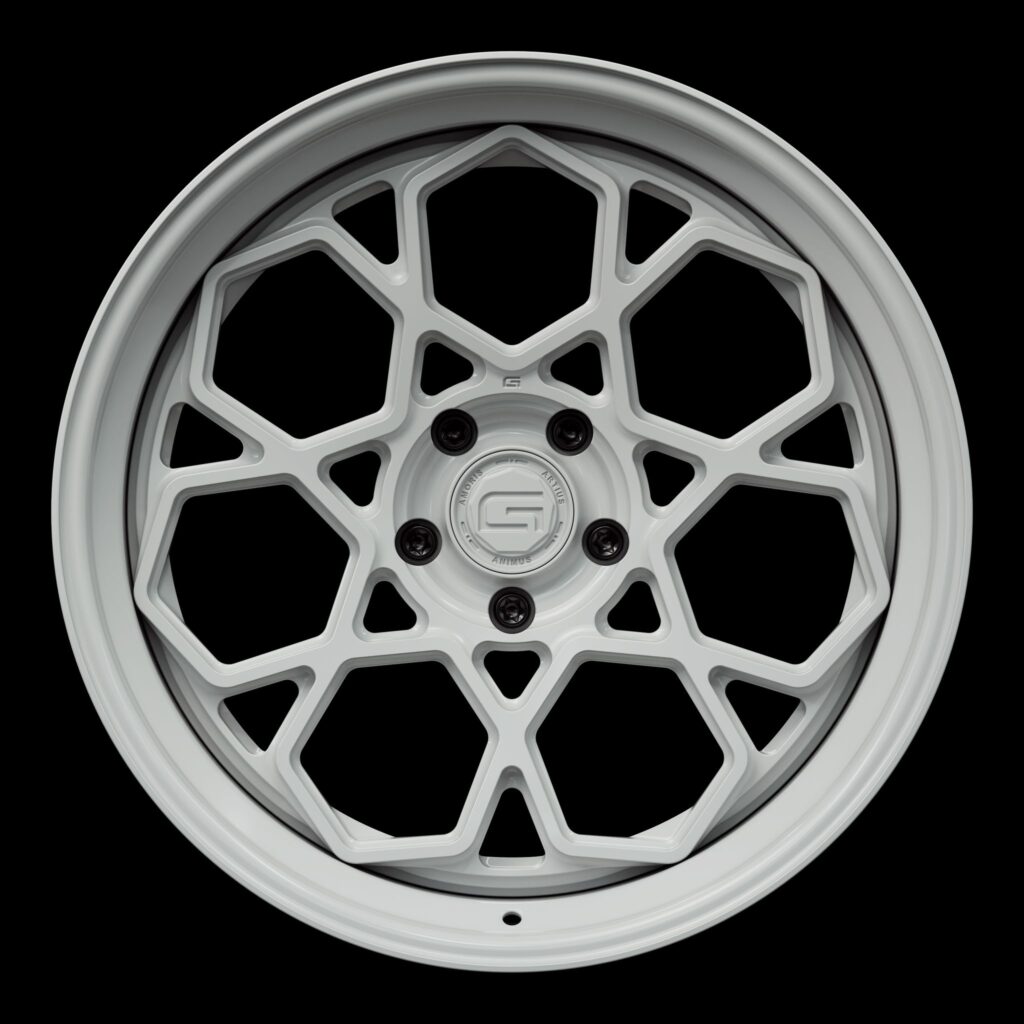 Front view of a white G67 3-piece wheel from Govad Forged Evolution series