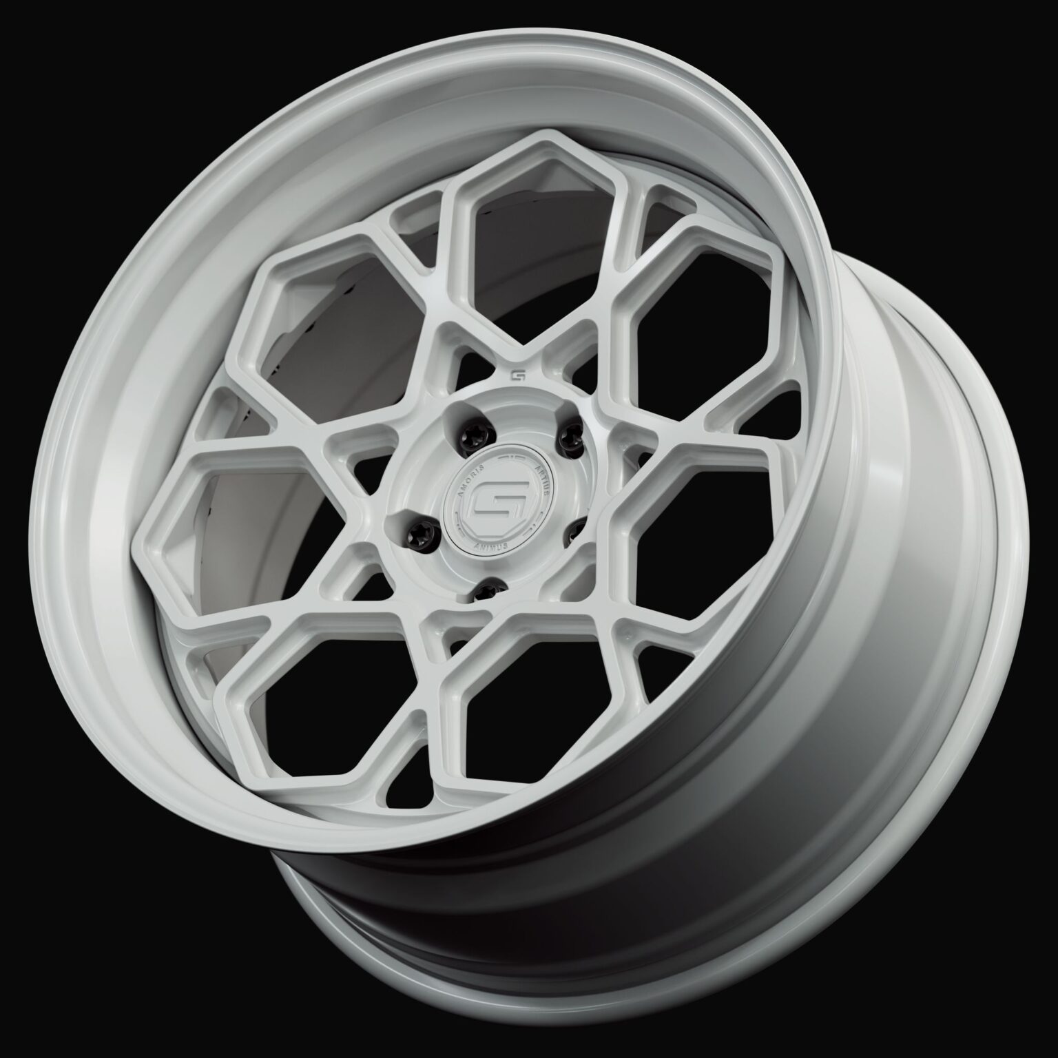 Three-quarter view of a white G67 3-piece wheel from Govad Forged Evolution series