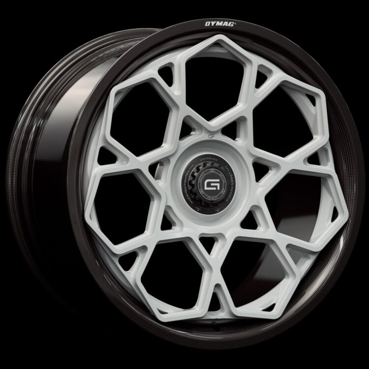 Three-quarter view of a white G67 2-piece centerlock wheel from Govad Forged Carbon8 series with carbon fiber lip