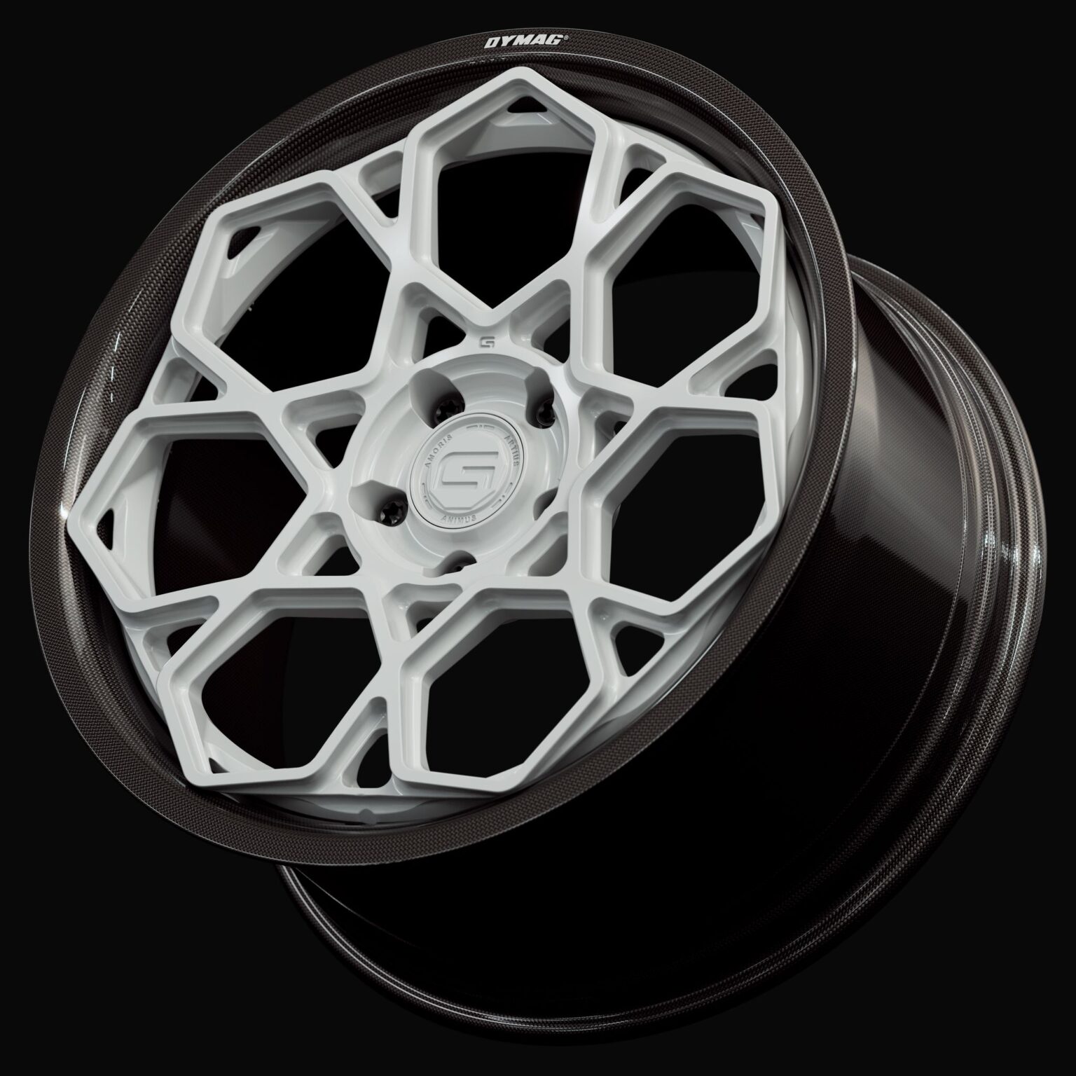 Three-quarter view of a white G67 2-piece wheel from Govad Forged Carbon8 series with carbon fiber lip