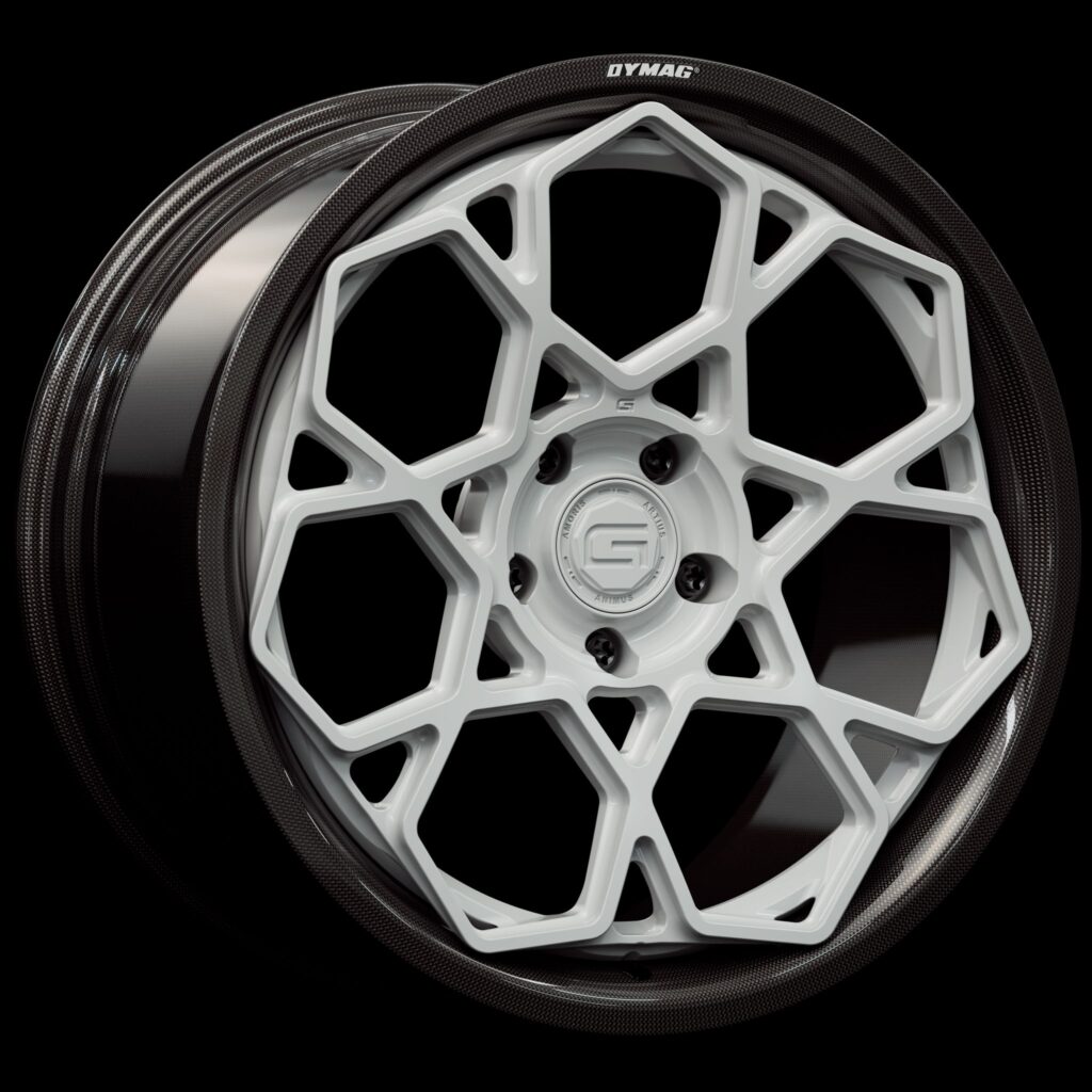 Three-quarter view of a white G67 2-piece wheel from Govad Forged Carbon8 series with carbon fiber lip