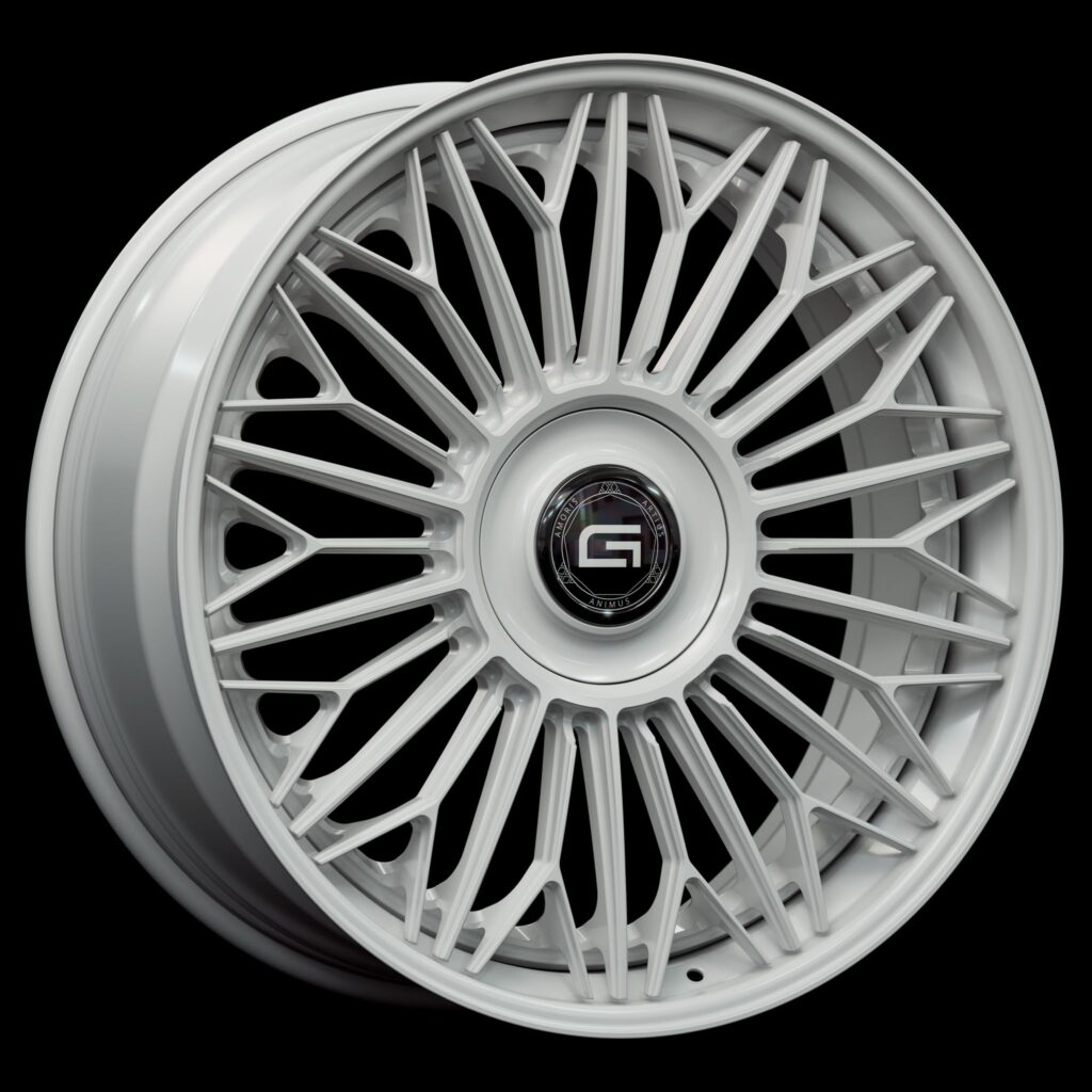 Three-quarter view of a white G700 3-piece flaoting spoke wheel from Govad Forged Luxury series