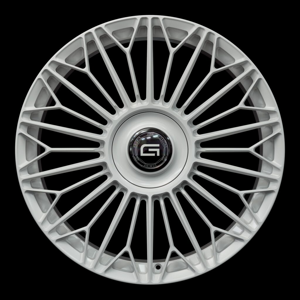 Front view of a white G700 monoblock wheel from Govad Forged Luxury series