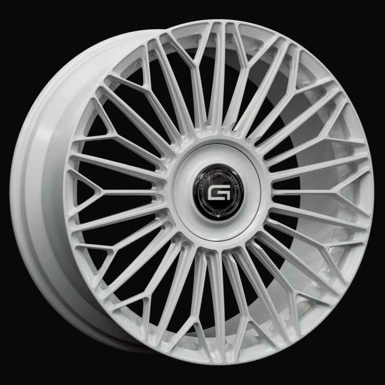 Three-quarter view of a white G700 monoblock wheel from Govad Forged Luxury series