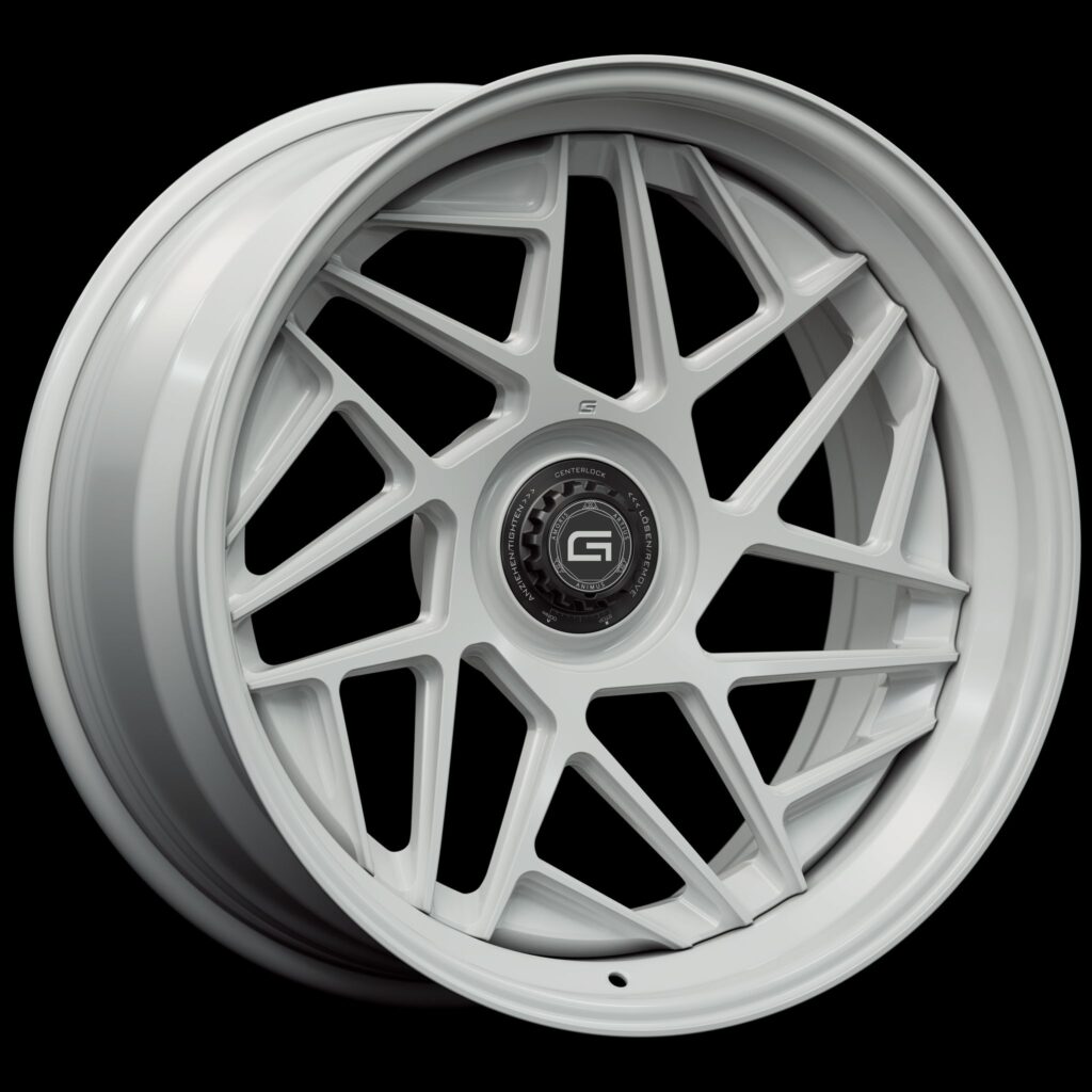 Three-quarter view of a white G74 3-piece centerlock wheel from Govad Forged Evolution series