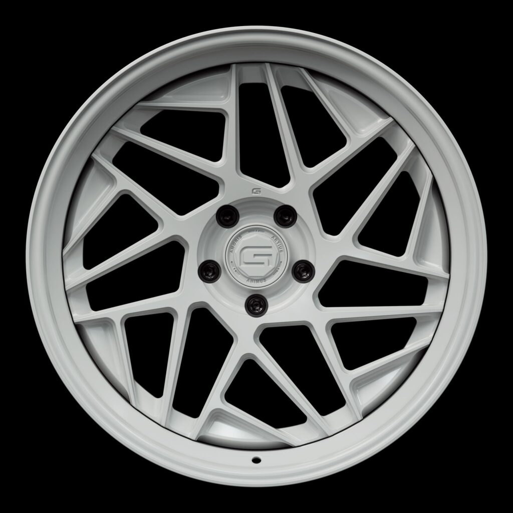 Front view of a white G74 3-piece wheel from Govad Forged Evolution series