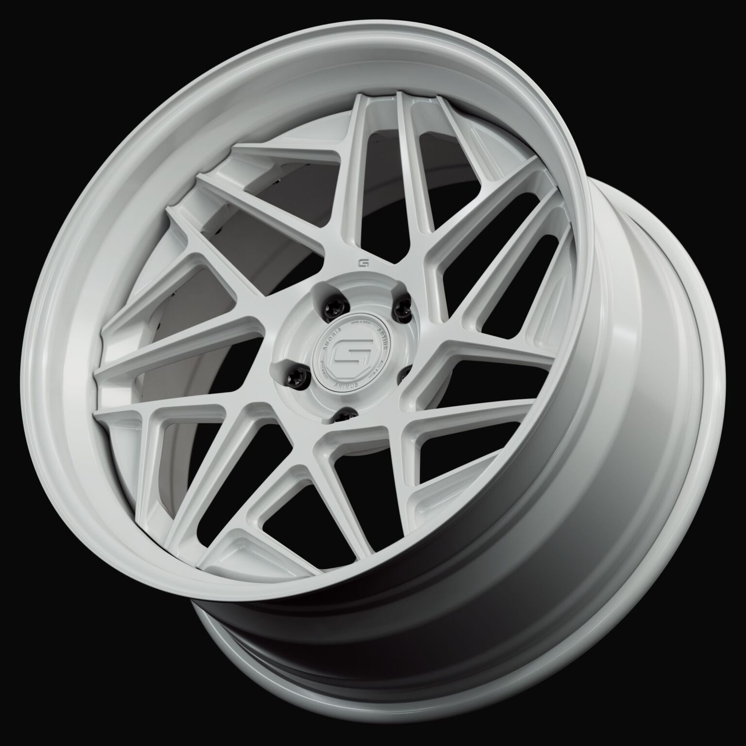 Three-quarter view of a white G74 3-piece wheel from Govad Forged Evolution series