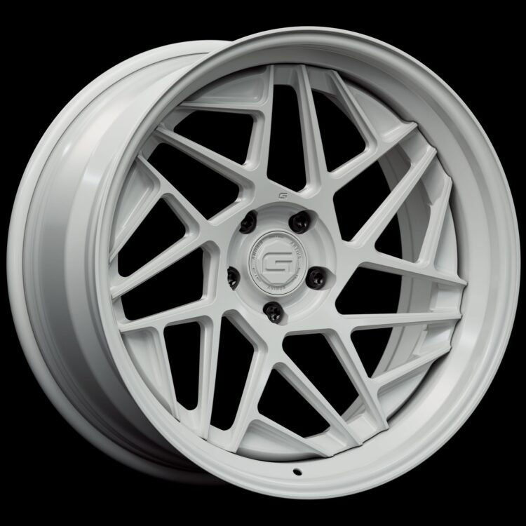 Three-quarter view of a white G74 3-piece wheel from Govad Forged Evolution series