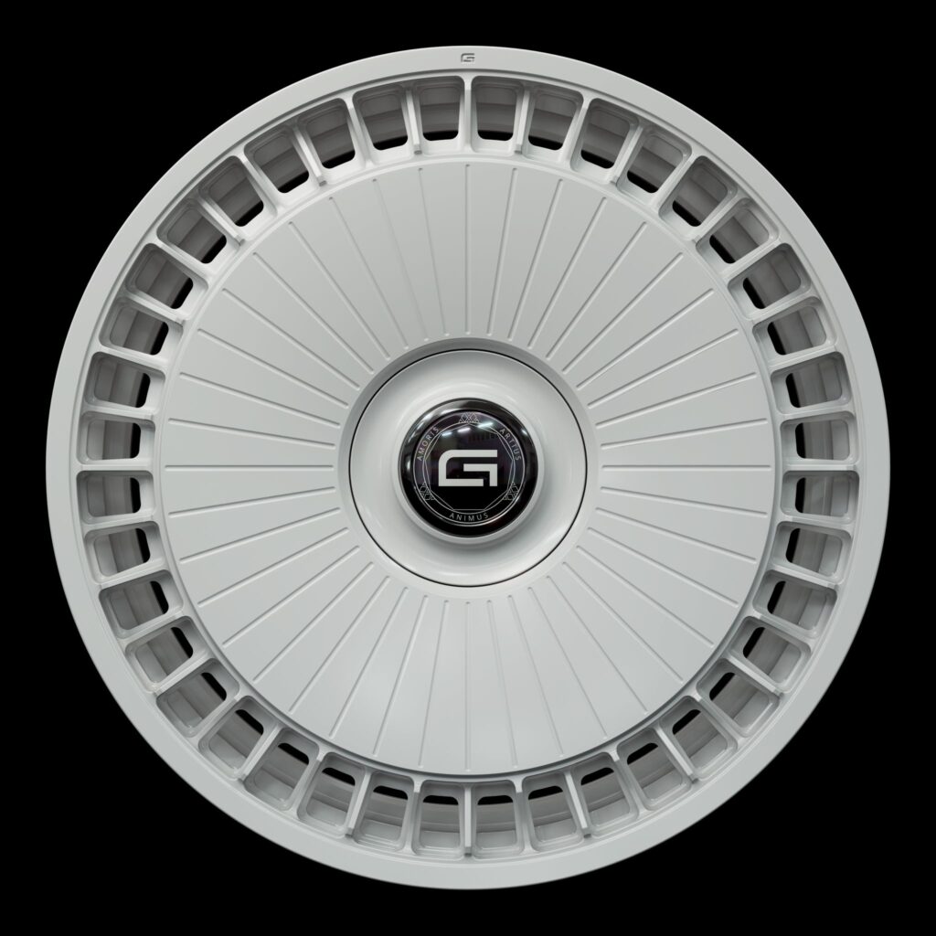 Front view of a white G800 duoblock wheel from Govad Forged Luxury series