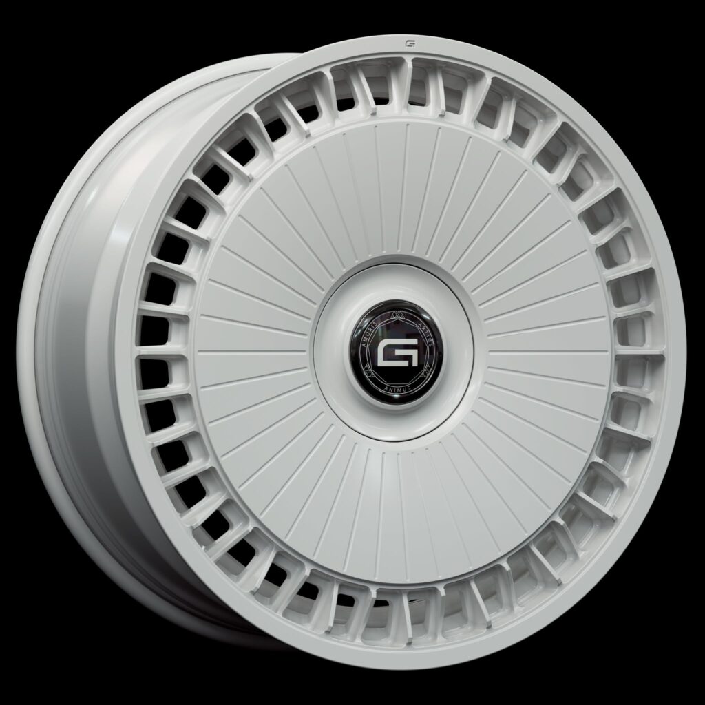 Three-quarter view of a white G800 duoblock wheel from Govad Forged Luxury series