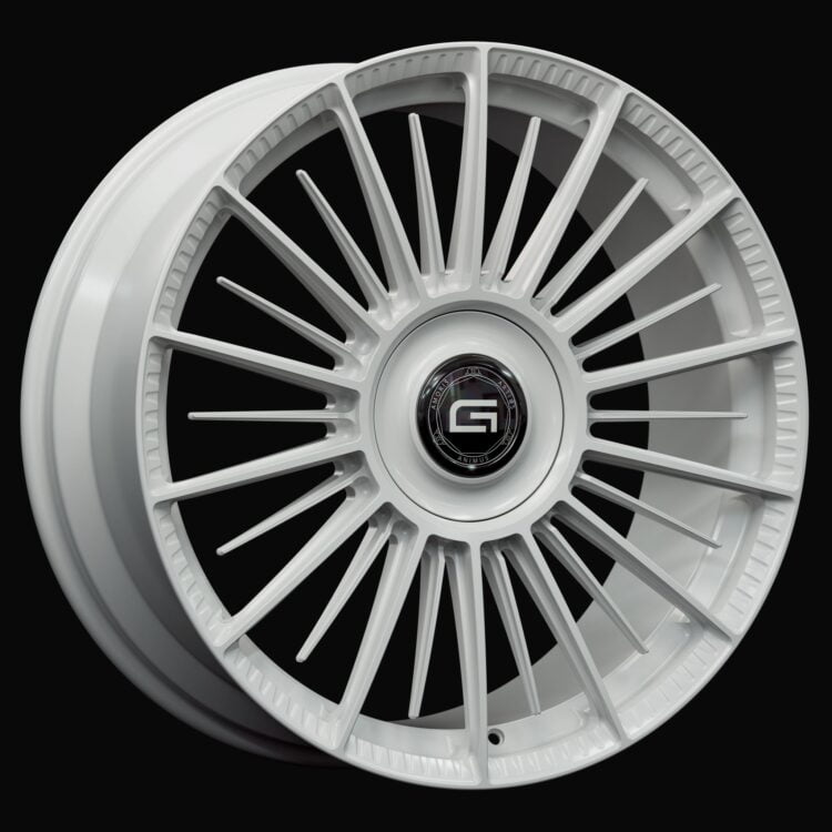 Three-quarter view of a white G900 monoblock wheel from Govad Forged Luxury series